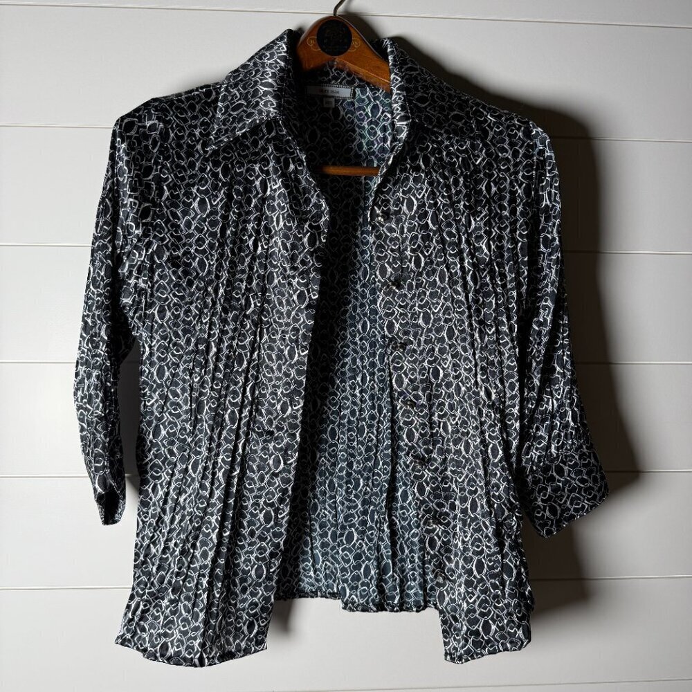 Laura Max Petite Medium Black & White Links Blouse 3/4 Sleeve- AMAZING BUTTONS
